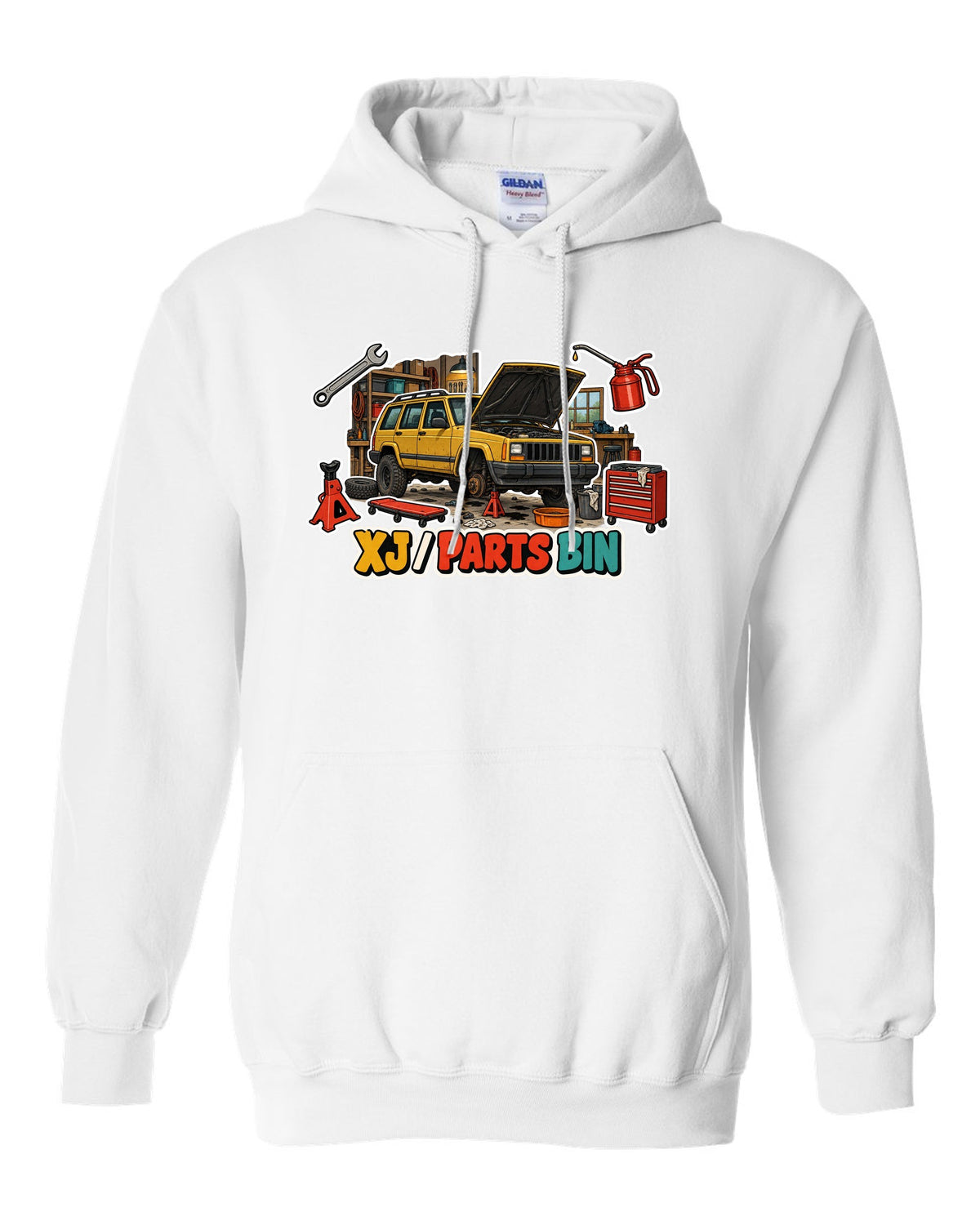 Sticker-bomb die-cut collage print around a Jeep Cherokee XJ labelled Parts Bin white pull over hoodie front view with the design