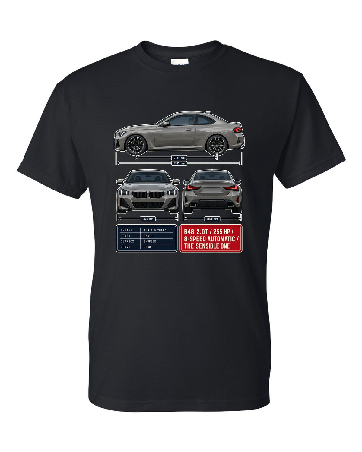 BMW 230i G42 coupe three-view drawing with spec table print black t-shirt front view with the design