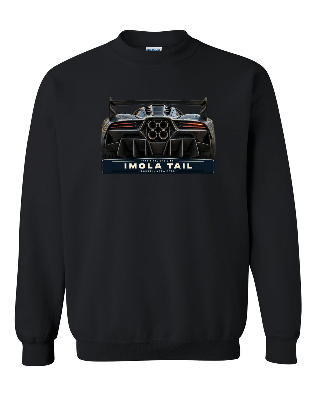 Taillight macro print of the Pagani Huayra Imola with the text four tips, one line, Imola tail, carbon, unpainted black crewneck front view with the design