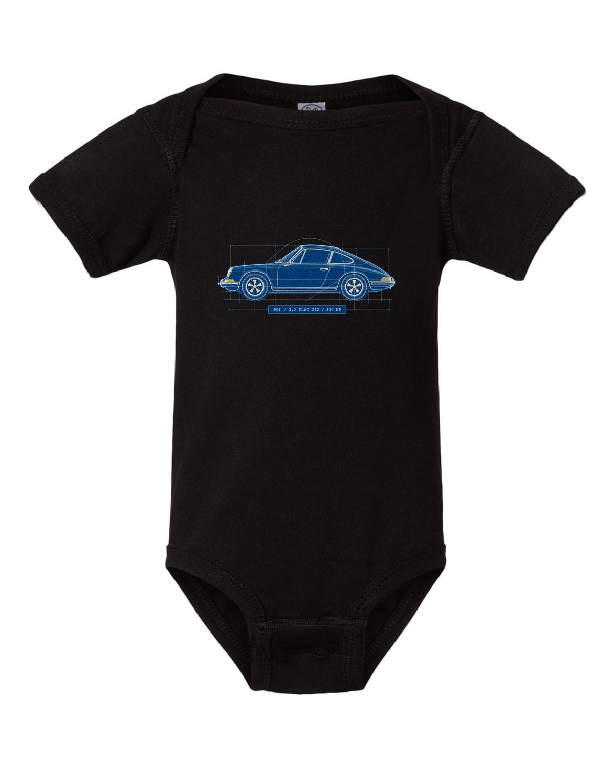 Porsche 911 901 1964 Cyanotype Blueprint Profile black baby onesie front view with the design