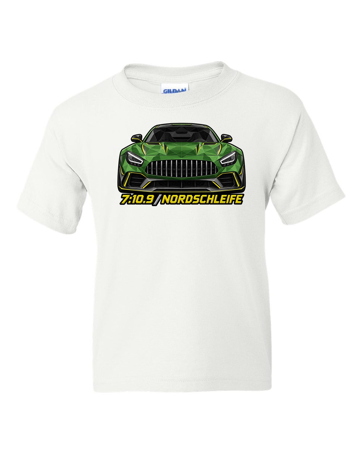 Low-poly wireframe illustration of a Mercedes AMG GT R C190 with 7:10.9 Nordschleife text white kids tee front view with the design