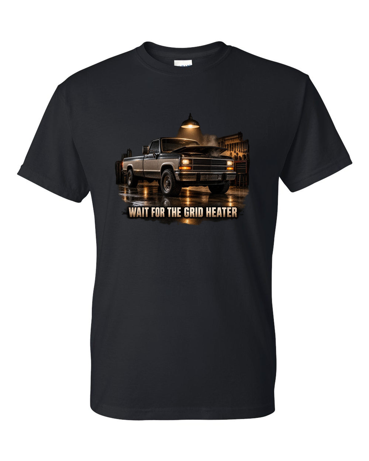 Dodge D250 first generation in a night garage with the text Wait For The Grid Heater black t-shirt front view with the design
