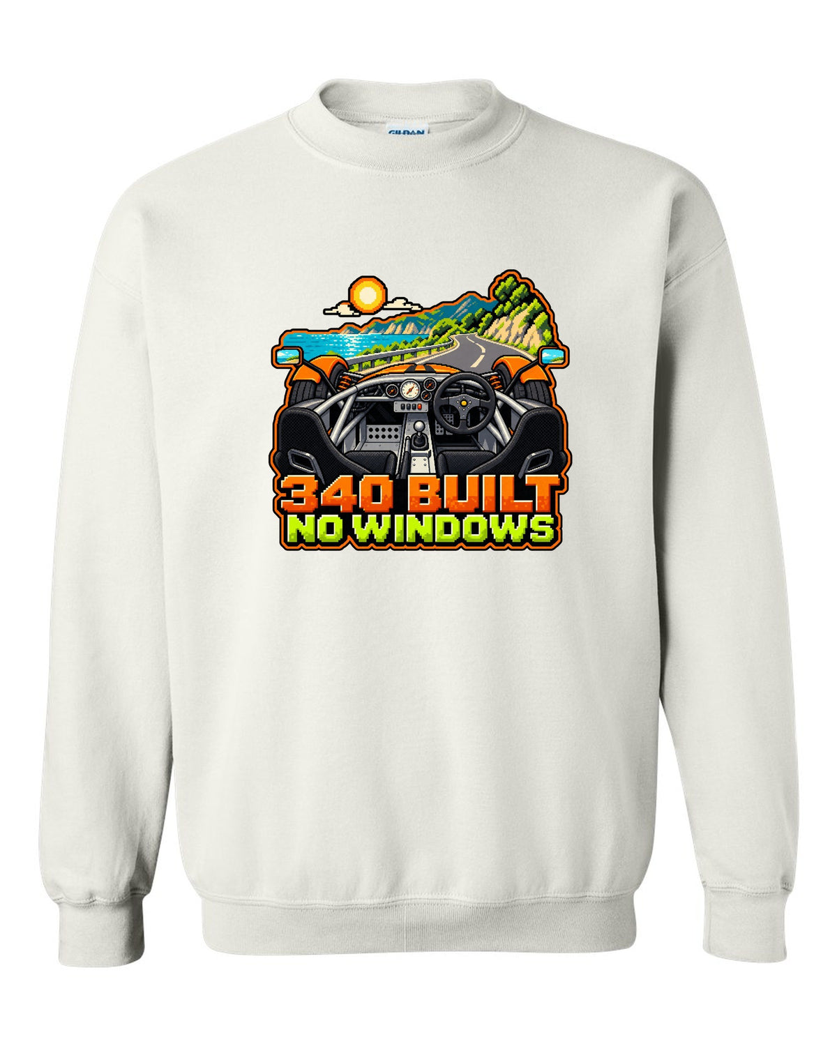 Lotus Elise 340R in 8/16-bit pixel art with 340 BUILT and NO WINDOWS lettering white crewneck front view with the design
