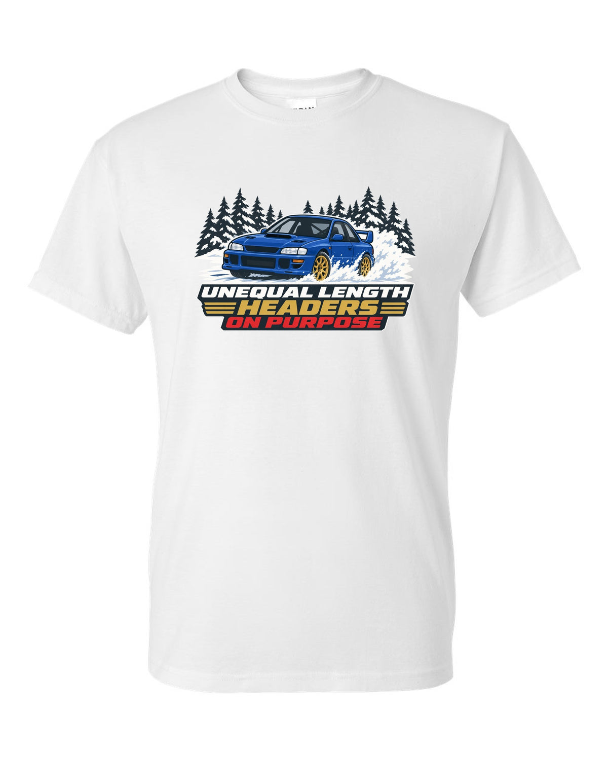 Flat vector print of a Subaru Impreza WRX STI GC8 with unequal length headers on purpose lettering white t-shirt front view with the design