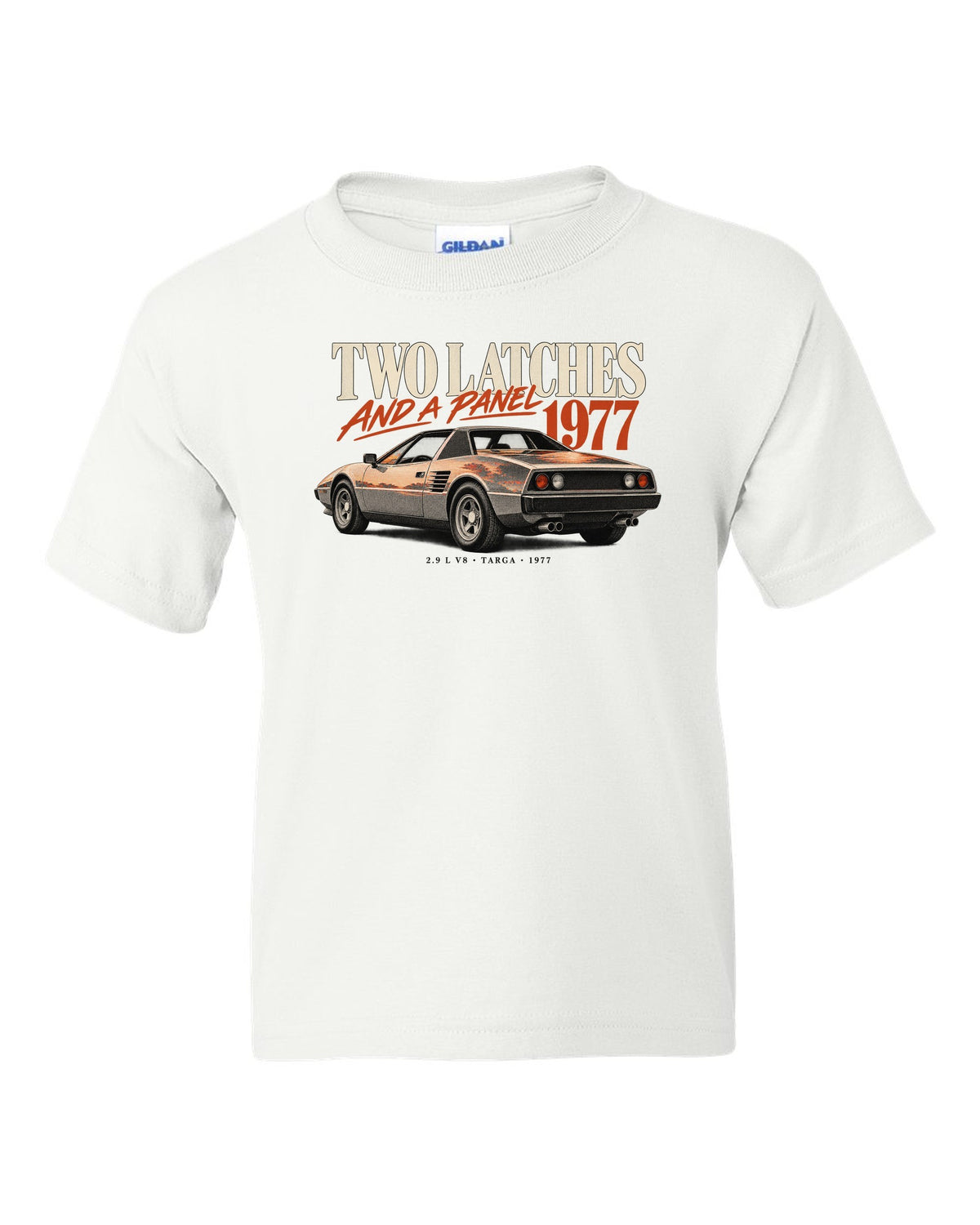 Ferrari 308 GTS 1977 rear three-quarter print, two latches and a panel, targa roof white kids tee front view with the design