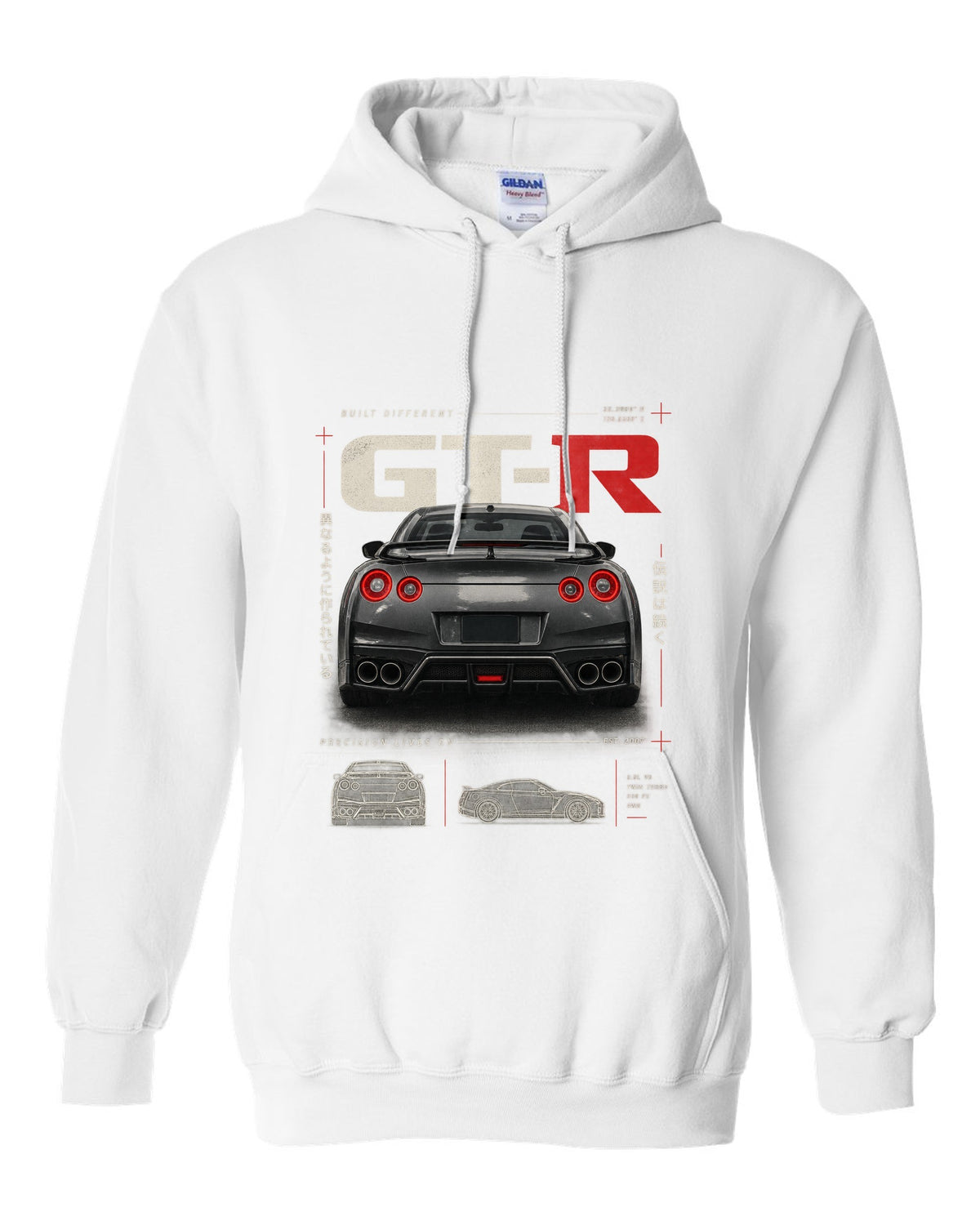 Toyota GR Supra A90 dimension blueprint in warm graphite grey with B58 spec callouts white pull over hoodie front view with the design