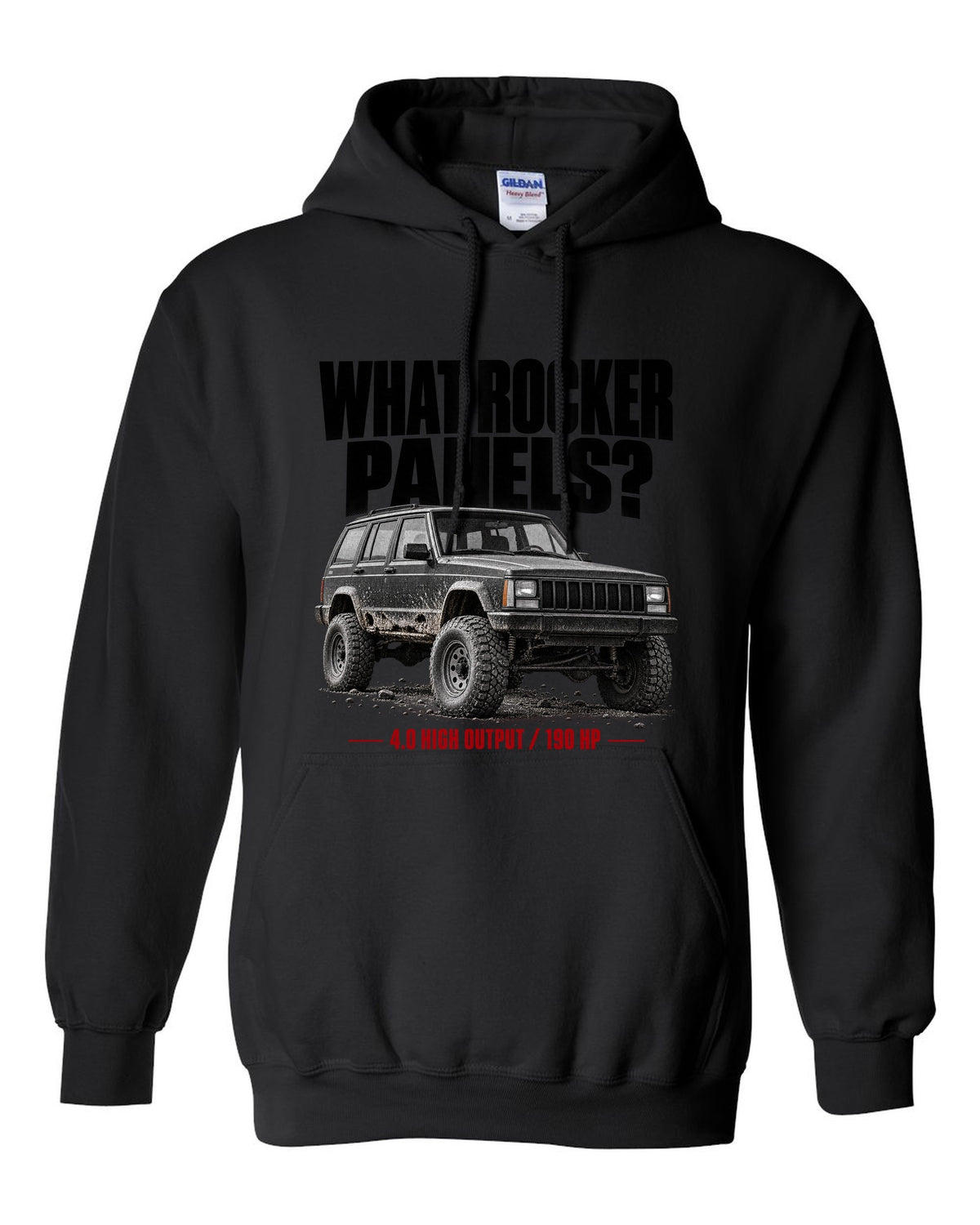 Jeep Cherokee XJ halftone print with 4.0 High Output 190 HP text black pull over hoodie front view with the design