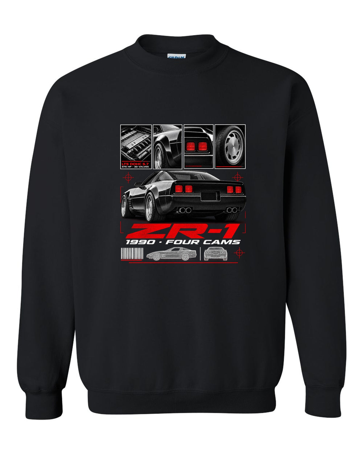 Chevrolet Corvette C4 ZR-1 1990 LT5 dossier print wide rear black crewneck front view with the design