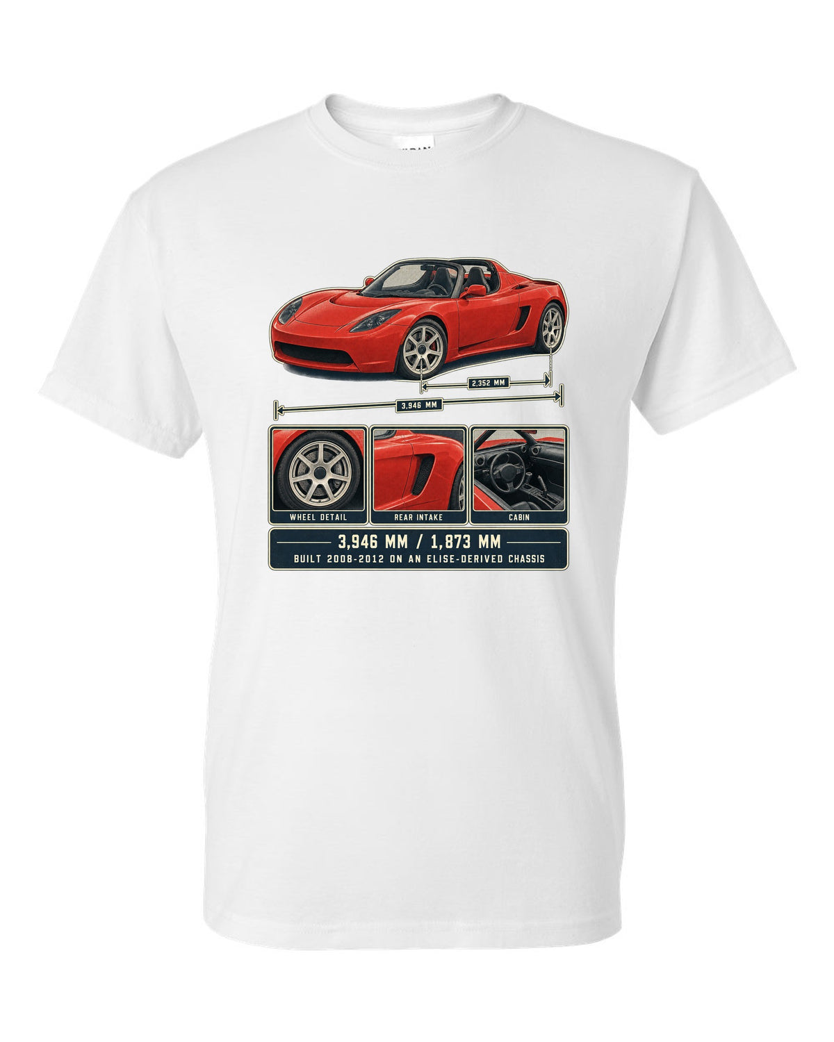Dossier panel print of a first-generation Tesla Roadster with dimensions white t-shirt front view with the design
