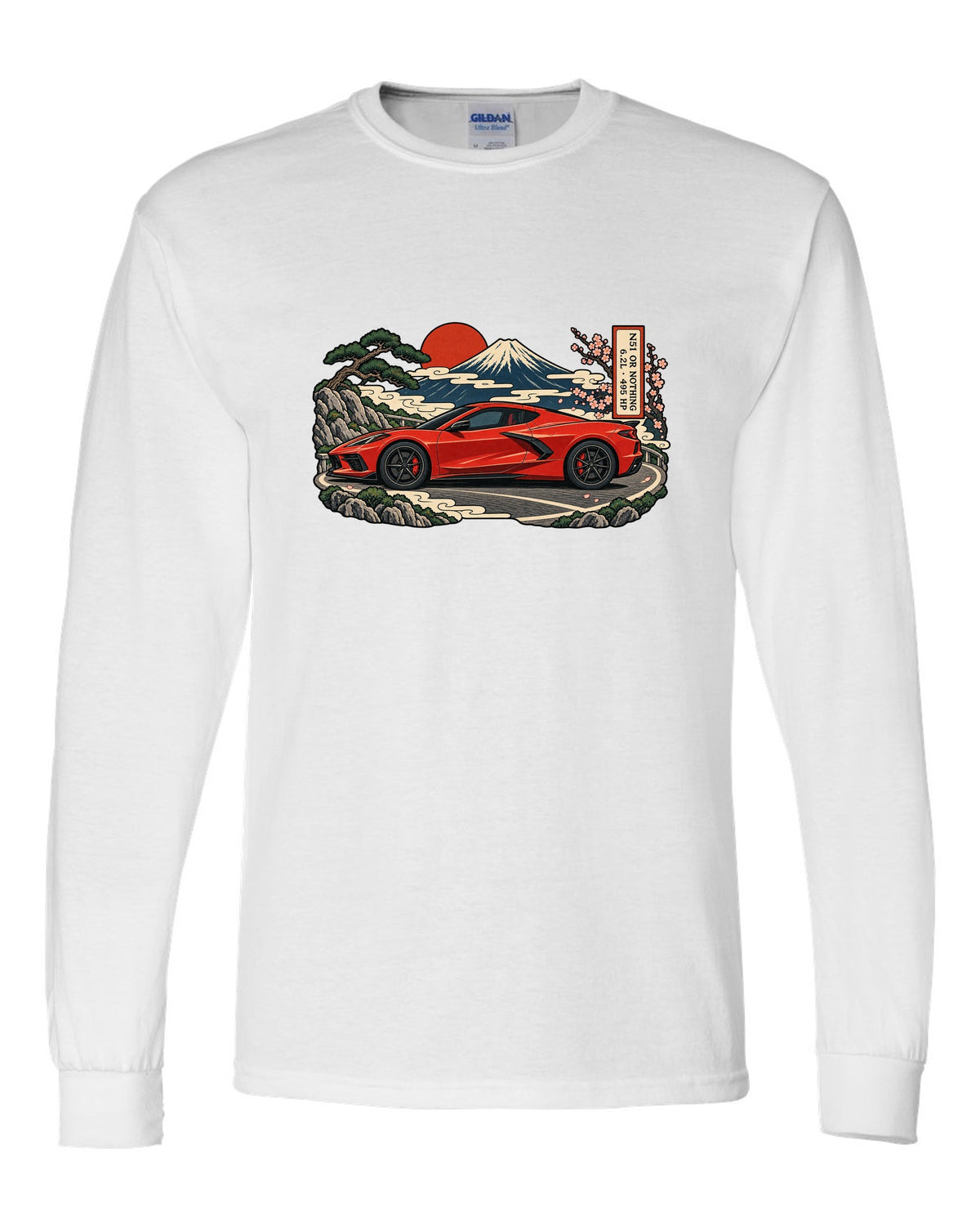 Synthwave sunset grid design with a 2020 C8 Corvette Stingray seen from the rear three-quarter white long sleeve front view with the design