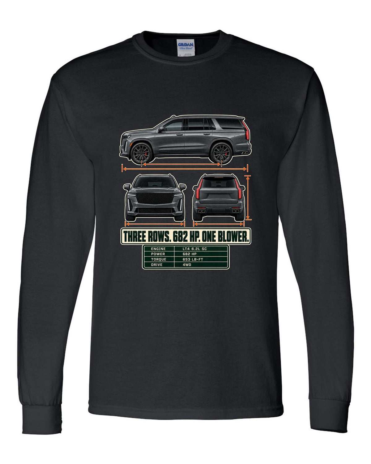 Three-view and spec table print of a 2023-25 Cadillac Escalade-V black long sleeve front view with the design