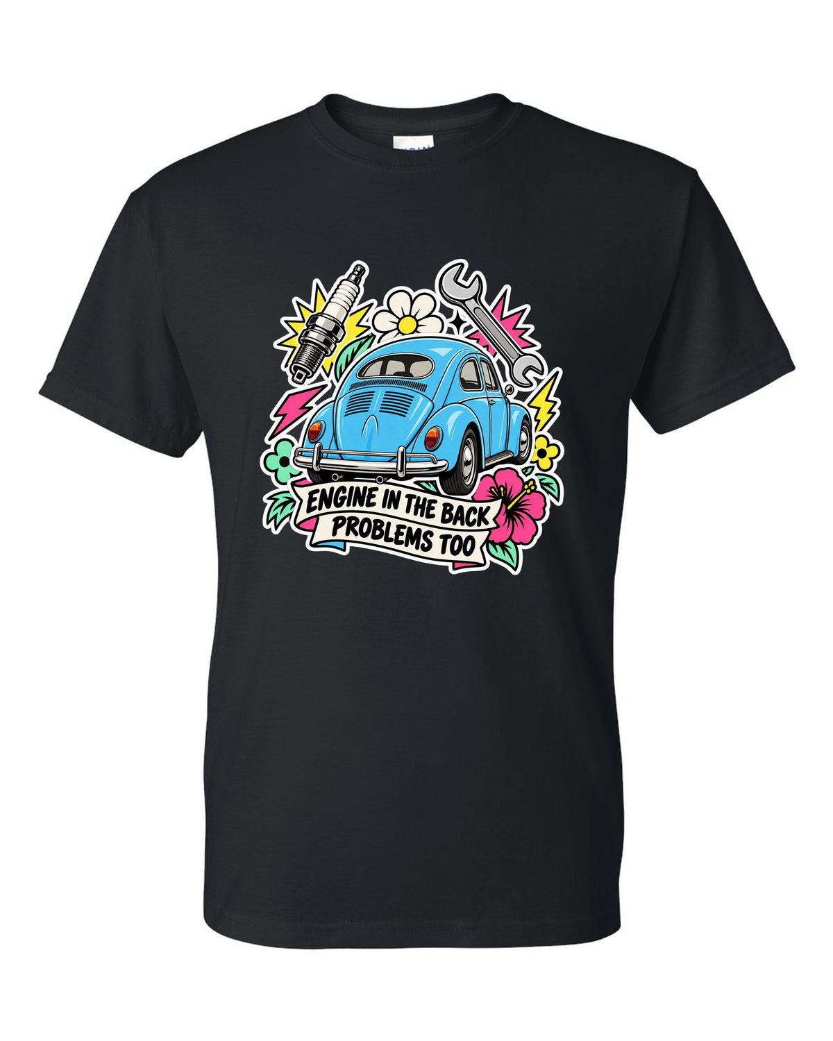 Sticker-bomb collage of a VW Beetle Type 1 with engine in the back lettering black t-shirt front view with the design