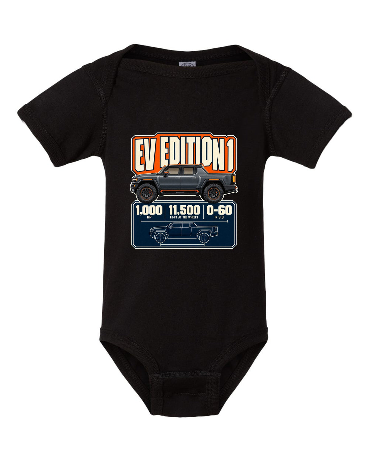 Spec poster print of the Hummer EV Edition 1 with horsepower and torque figures black baby onesie front view with the design