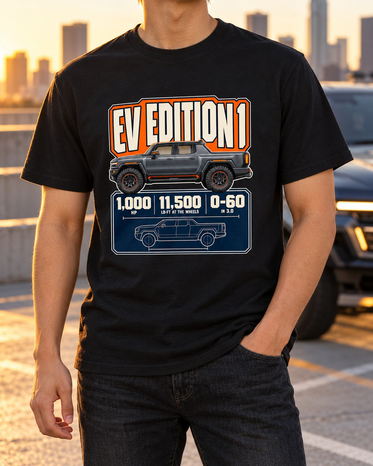 GMC Hummer EV Edition 1 Spec Poster Tee, 1,000 HP Truck Gift T-Shirt Black worn hero