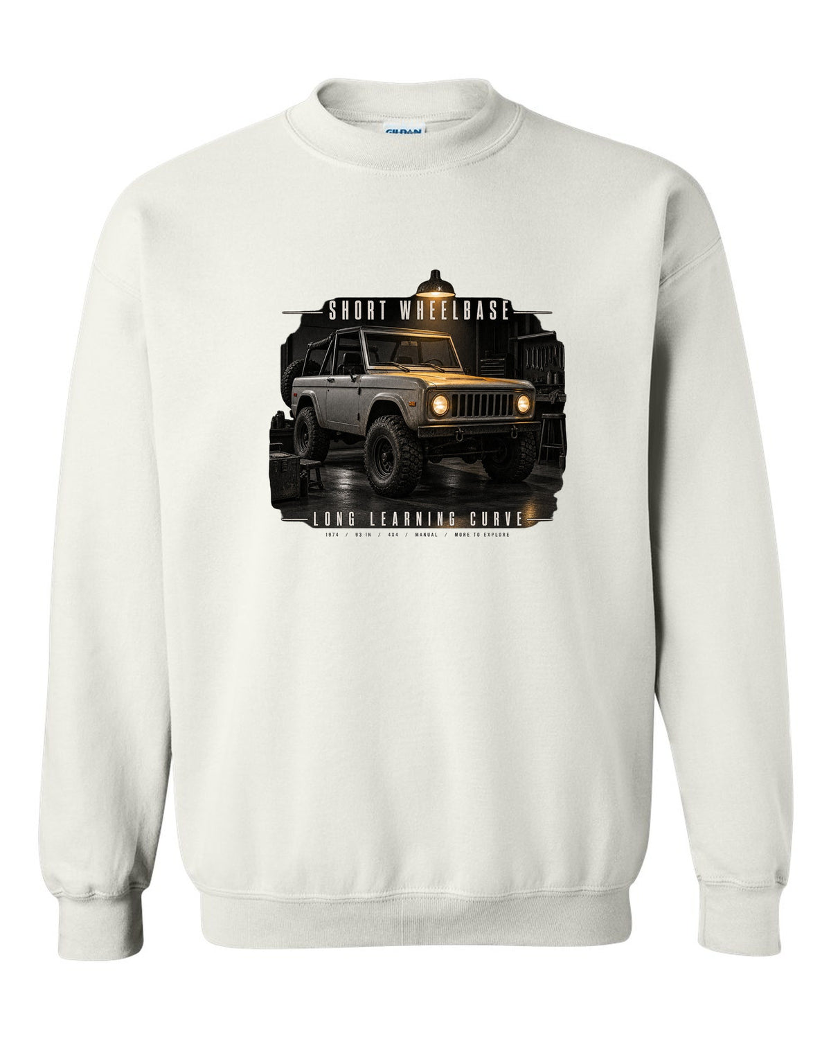 Garage night print for the Jeep CJ-5, Short Wheelbase Long Learning Curve white crewneck front view with the design