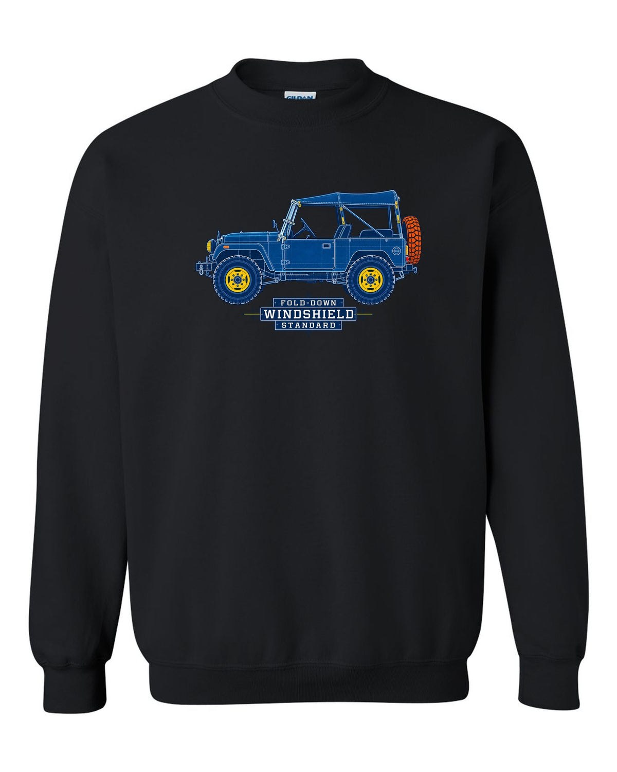 Cyanotype blueprint of a Toyota Land Cruiser FJ40 with fold-down windshield lettering black crewneck front view with the design