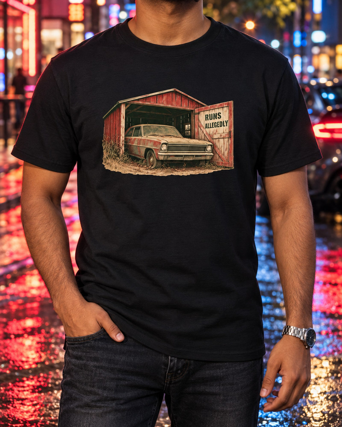 Chevy II Nova 1966 Barn Find Shirt, Runs Allegedly Tee T-Shirt Black worn hero