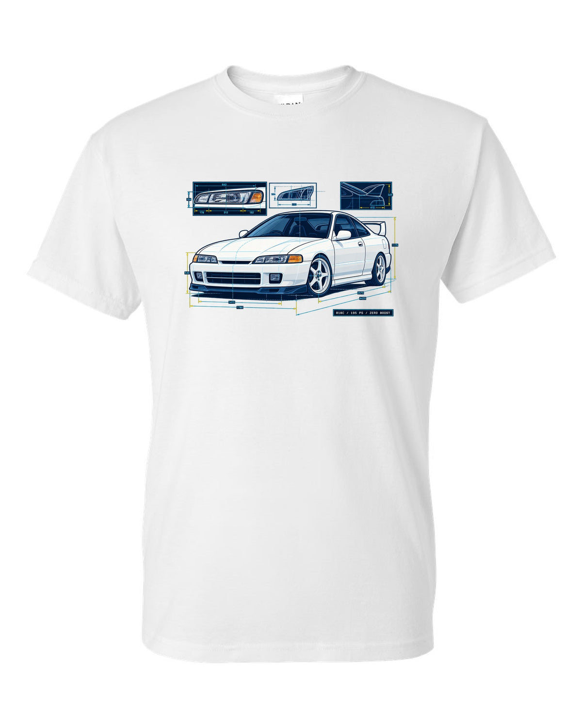 Blueprint line art of a 1995 Honda Integra DC2 headlight with B18C 195 PS Zero Boost lettering white t-shirt front view with the design