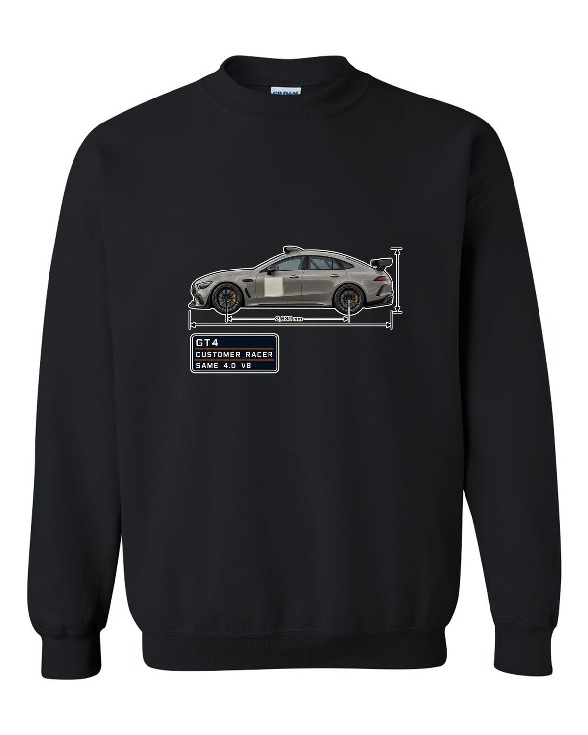 Mercedes-AMG GT4 unliveried spec poster print black crewneck front view with the design