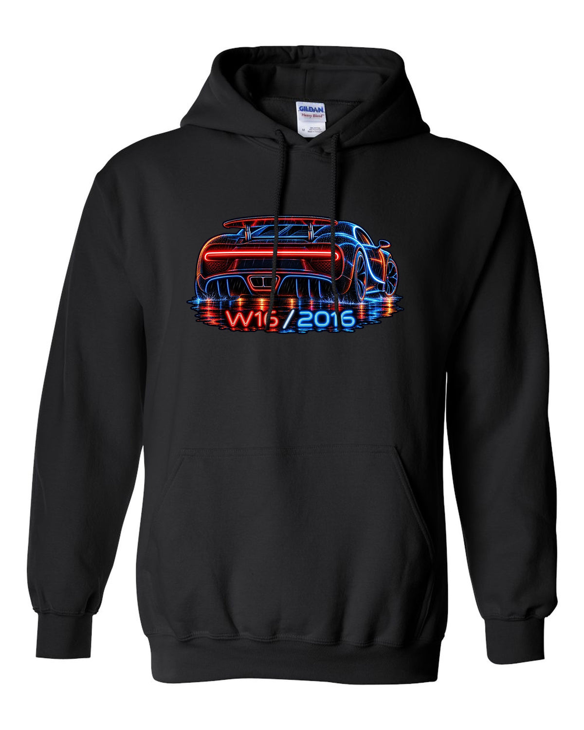 Neon sign style illustration of the Bugatti Chiron rear light bar in rain with W16 2016 lettering black pull over hoodie front view with the design