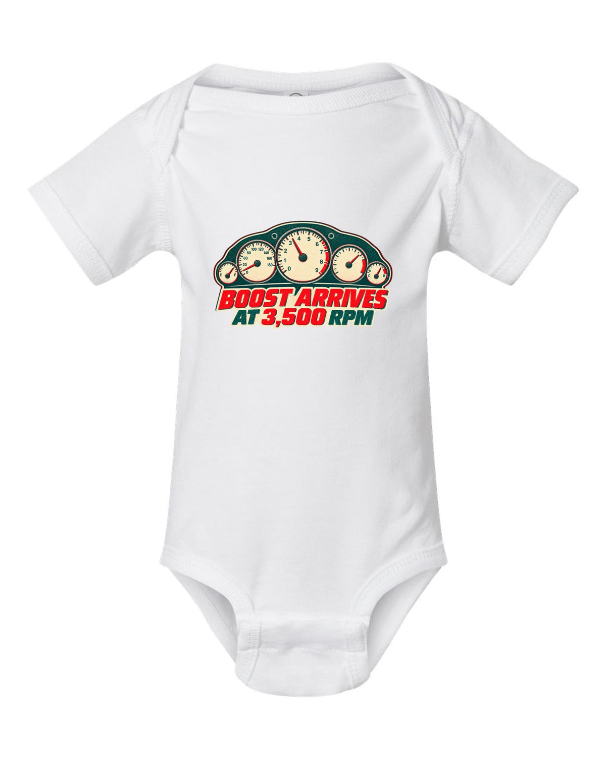 Risograph two-colour print of a tachometer for the Nissan Skyline GT-R R33 BCNR33 white baby onesie front view with the design