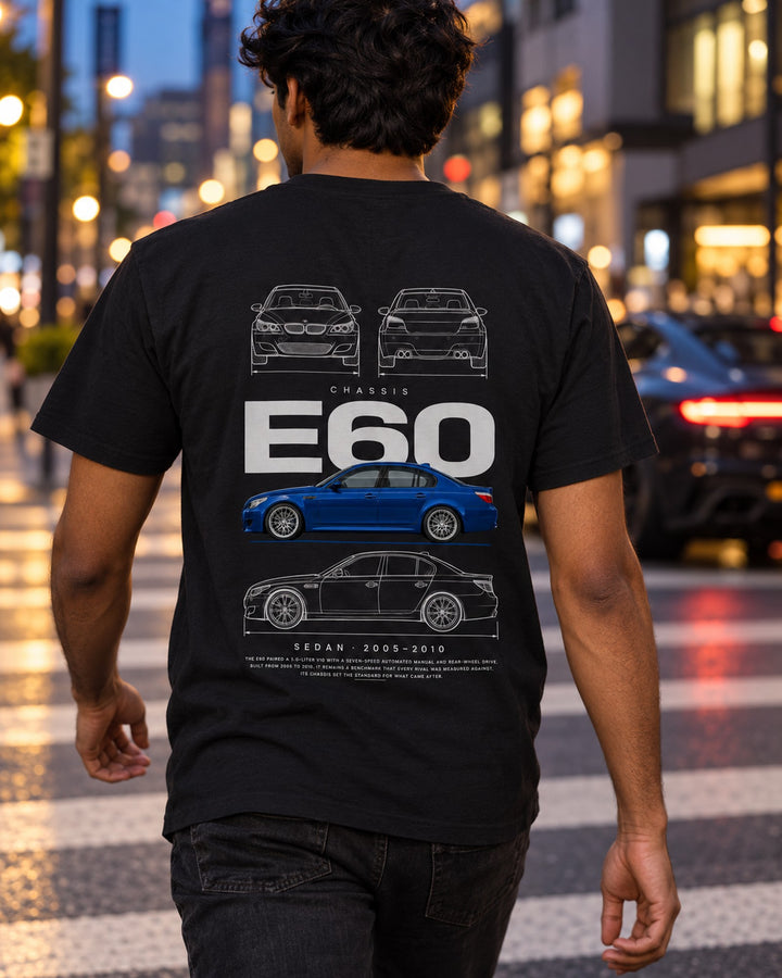 BMW E60 M5 sedan Blueprint Full-Back Graphic Tee, E60 Chassis Code T-Shirt Black worn hero