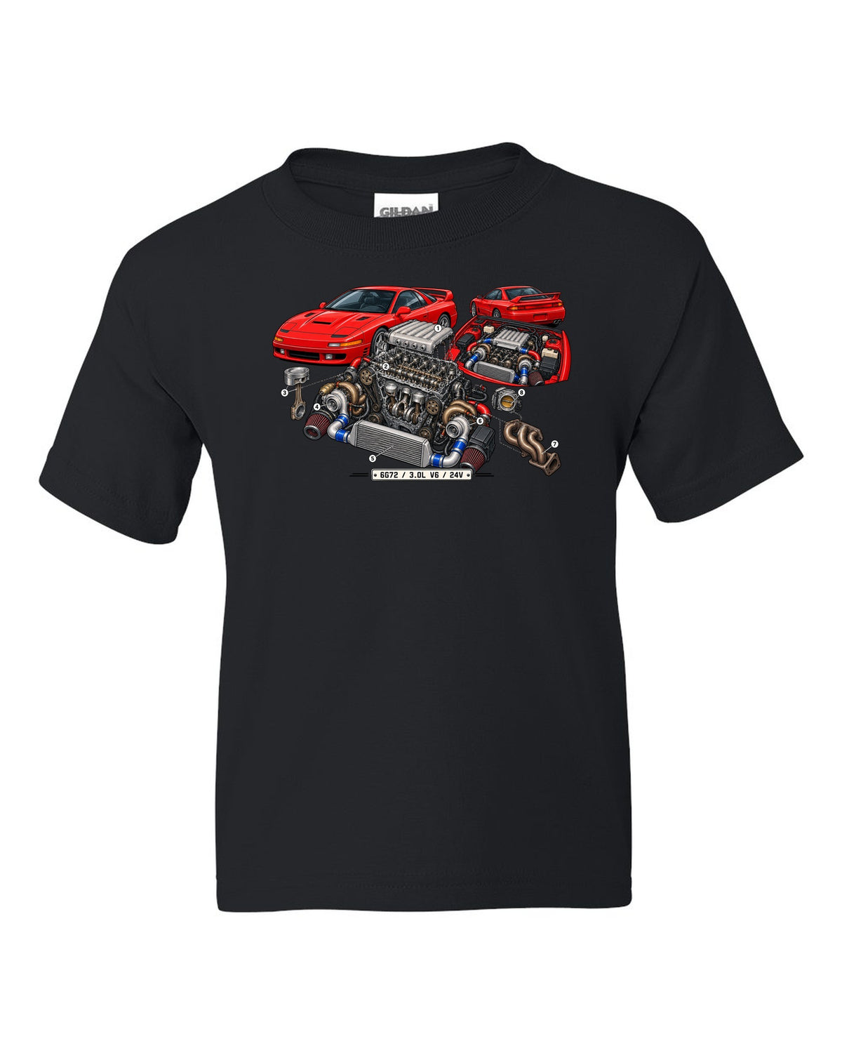 Exploded engine cutaway print of the 6G72 V6 for the Mitsubishi 3000GT VR-4 with 3.0L 24V text black kids tee front view with the design