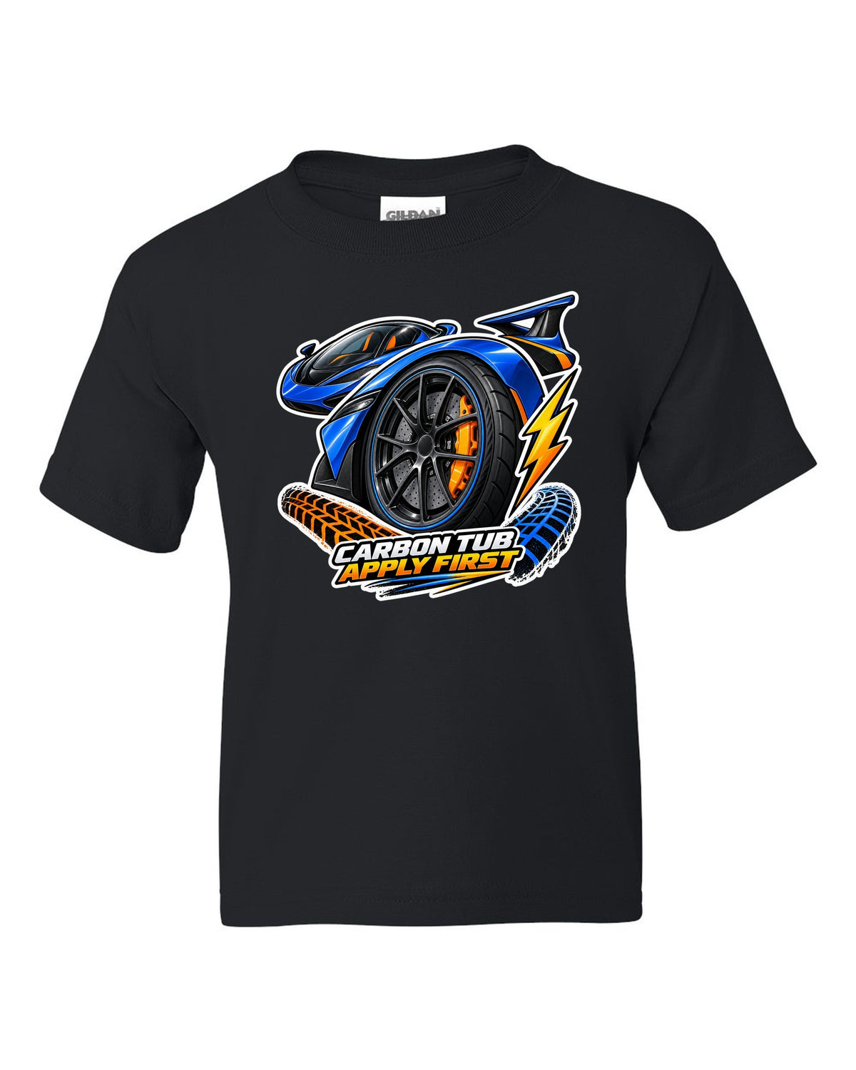 Sticker-bomb collage print for the 2017-2022 Ford GT with carbon tub text black kids tee front view with the design