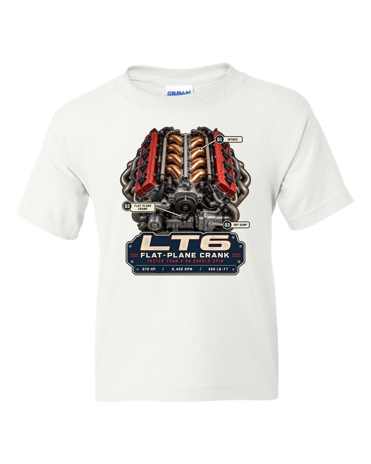 Engine hero print of the LT6 flat-plane V8 in a Chevrolet Corvette C8 Z06 white kids tee front view with the design