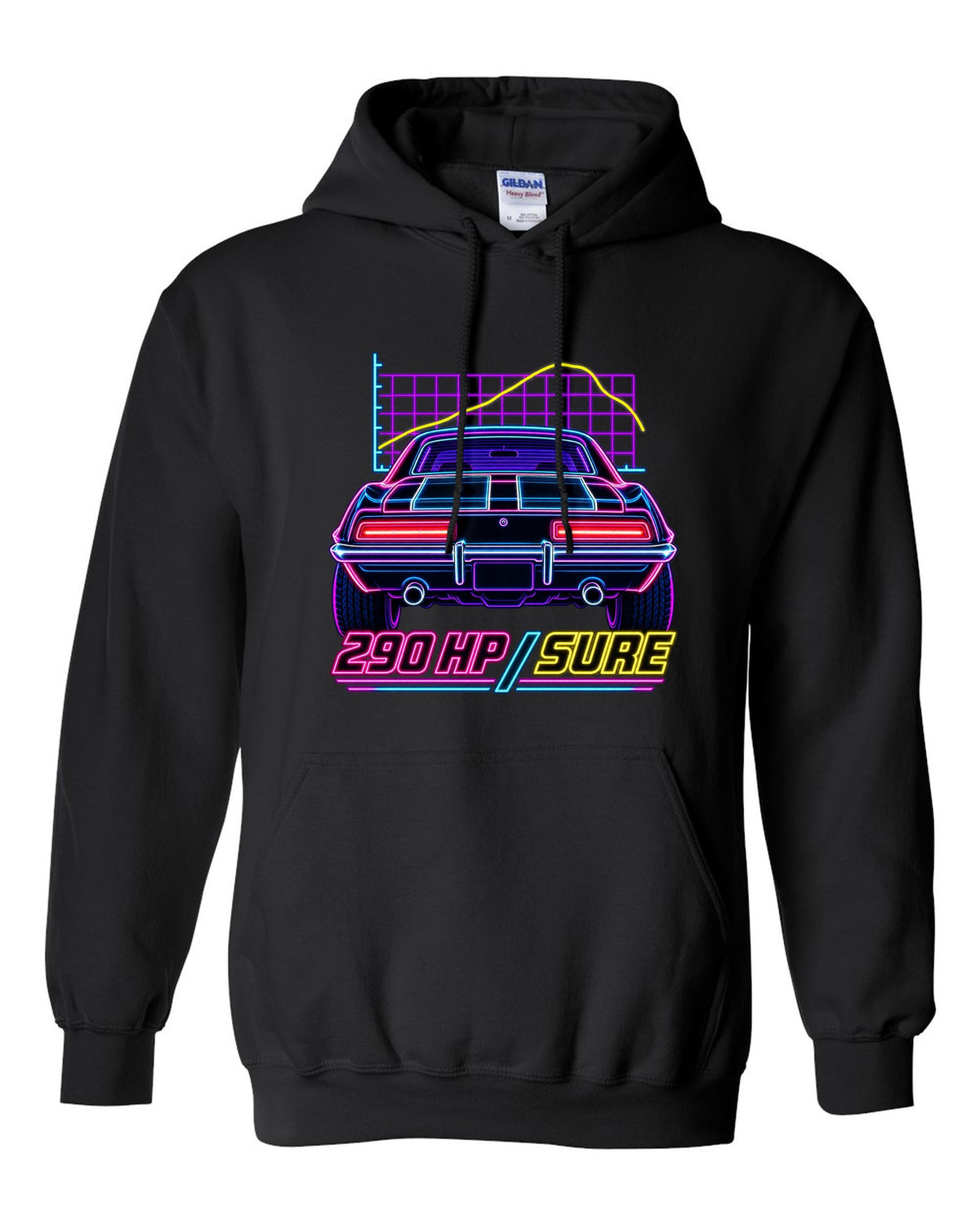 Neon synthwave outline of a 1969 Chevrolet Camaro Z/28 taillights with 290 HP lettering black pull over hoodie front view with the design