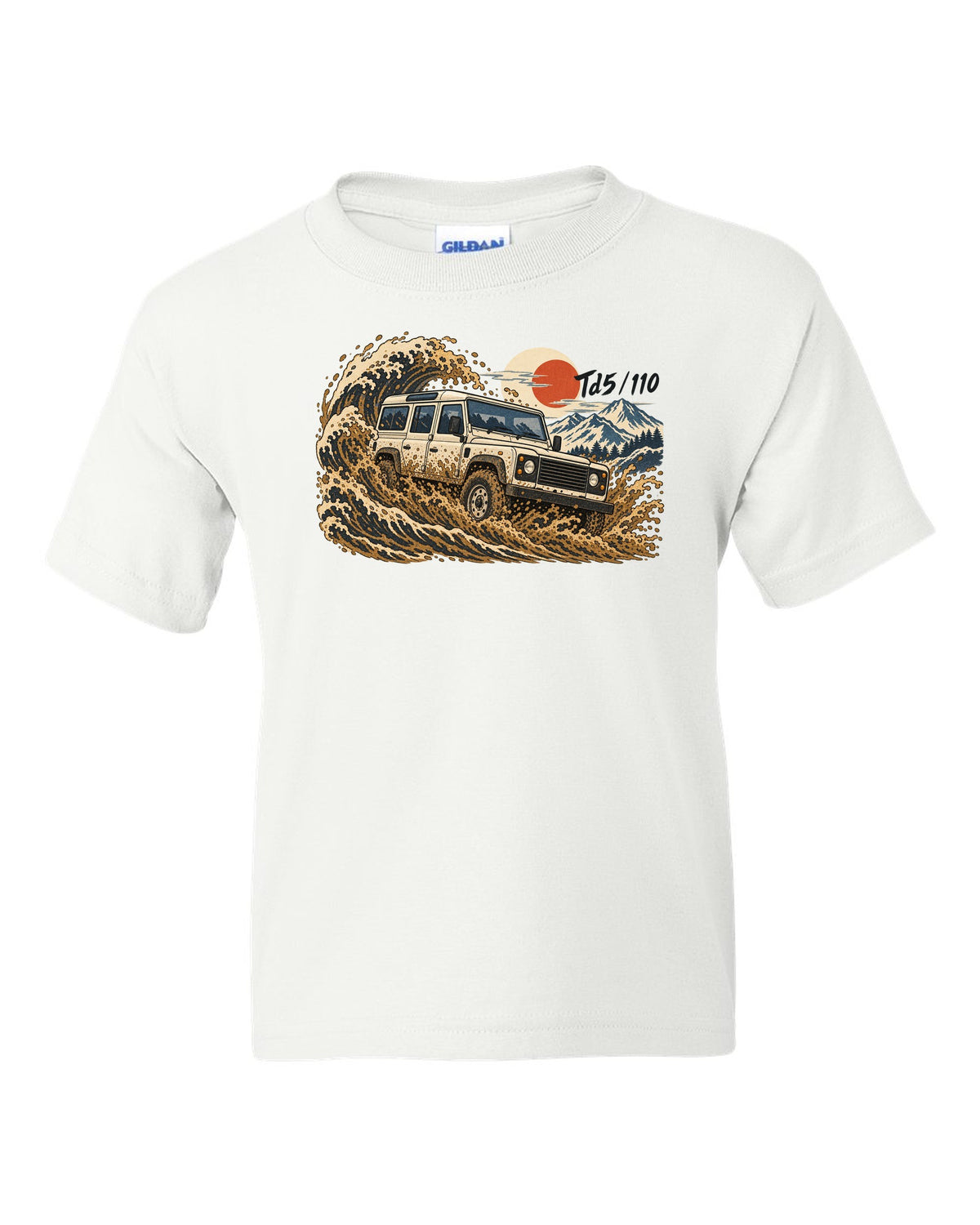 Ukiyo-e woodblock print of a Land Rover Defender 110 Td5 driving through a wave of mud white kids tee front view with the design