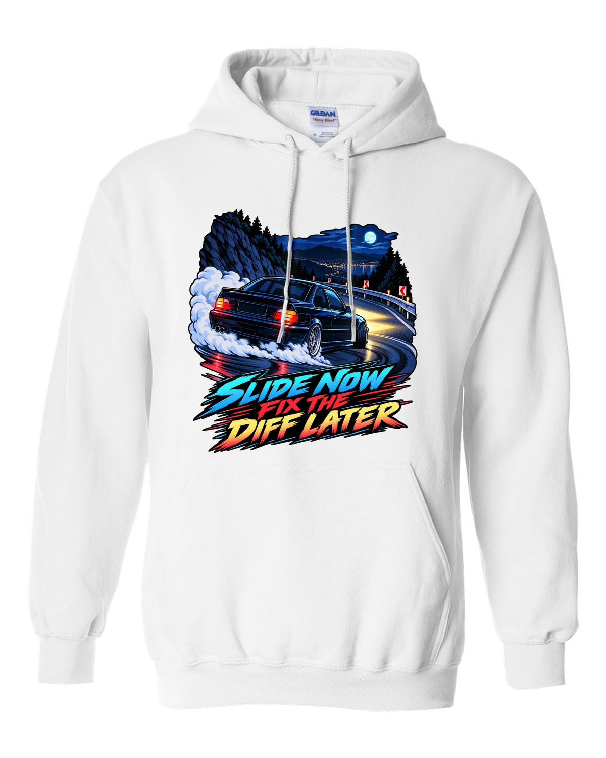 Spec sheet print of a BMW E36 M3 coupe with S50B32 3,201 cc 321 HP text white pull over hoodie front view with the design