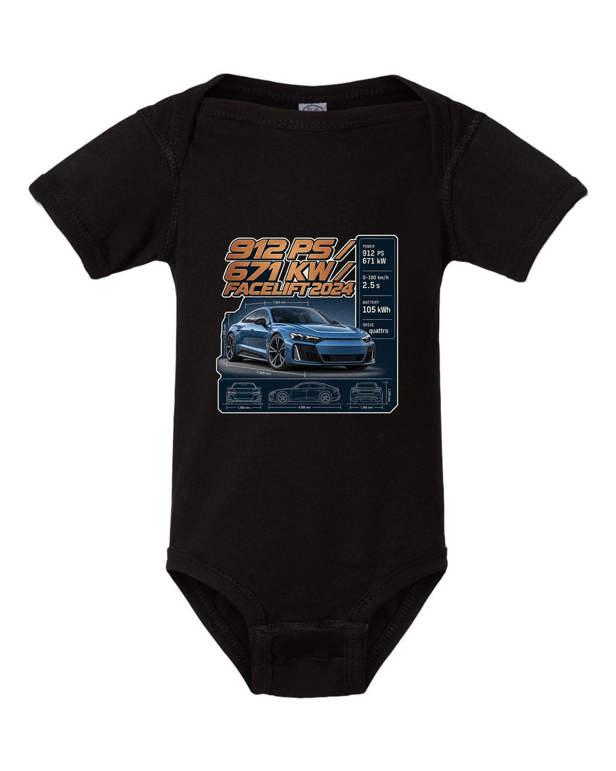 Audi RS e-tron GT performance facelift spec poster print design black baby onesie front view with the design