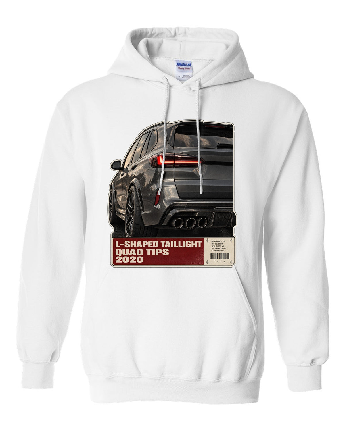 Macro print of the L-shaped taillight and quad tips on a BMW X5 M Competition F95 white pull over hoodie front view with the design