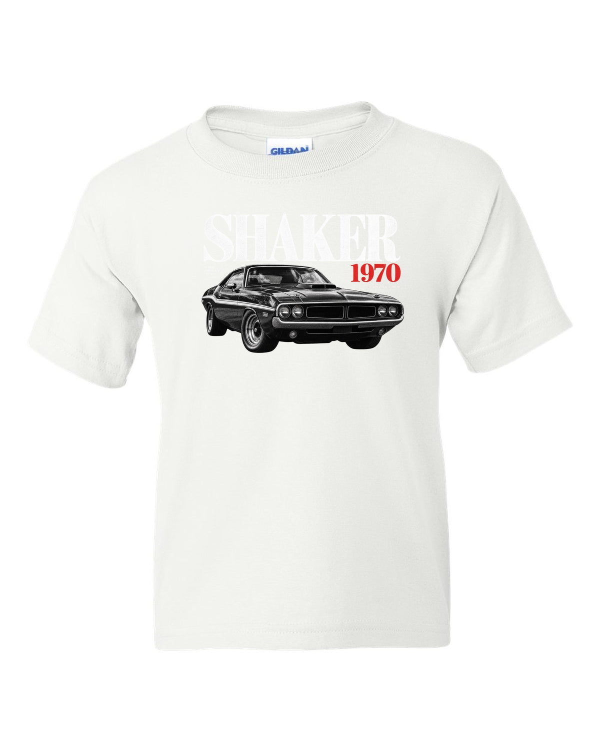 Editorial headline print of a 1970 Dodge Challenger R/T Shaker with 440 Six Pack text white kids tee front view with the design