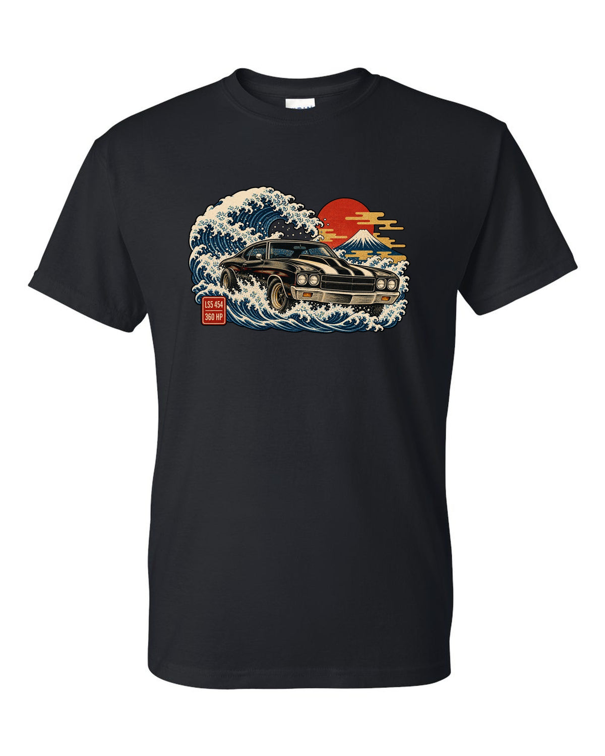 1970 Chevelle SS on a great wave in ukiyo-e woodblock style with text LS5 454 360 HP black t-shirt front view with the design