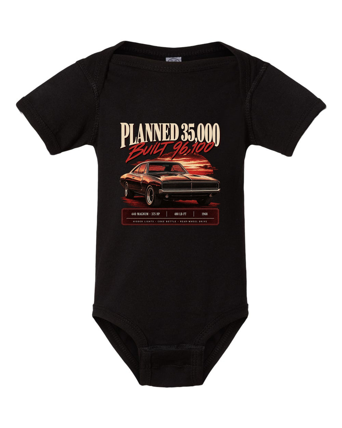 Archive panel print of a 1968 Dodge Charger R/T with 440 Magnum, 375 HP and production figures black baby onesie front view with the design