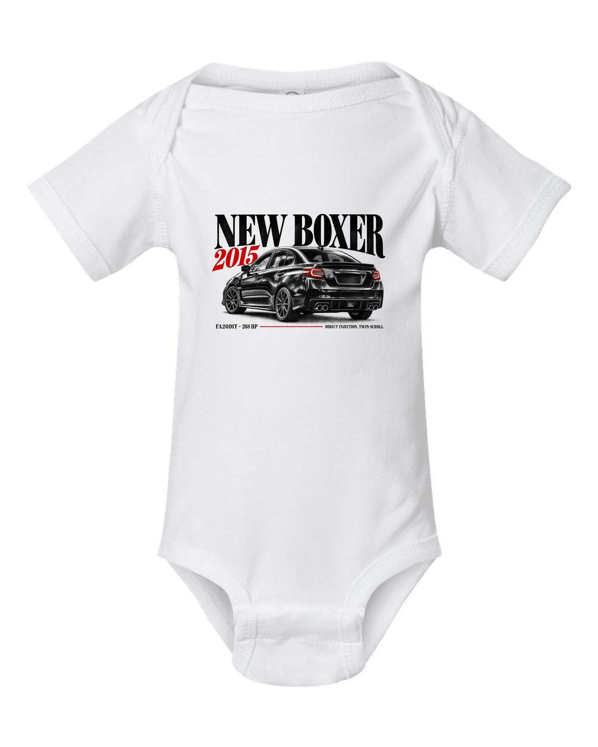 Editorial headline print for the Subaru WRX VA saloon reading New Boxer, 2015, FA20DIT, 268 HP white baby onesie front view with the design