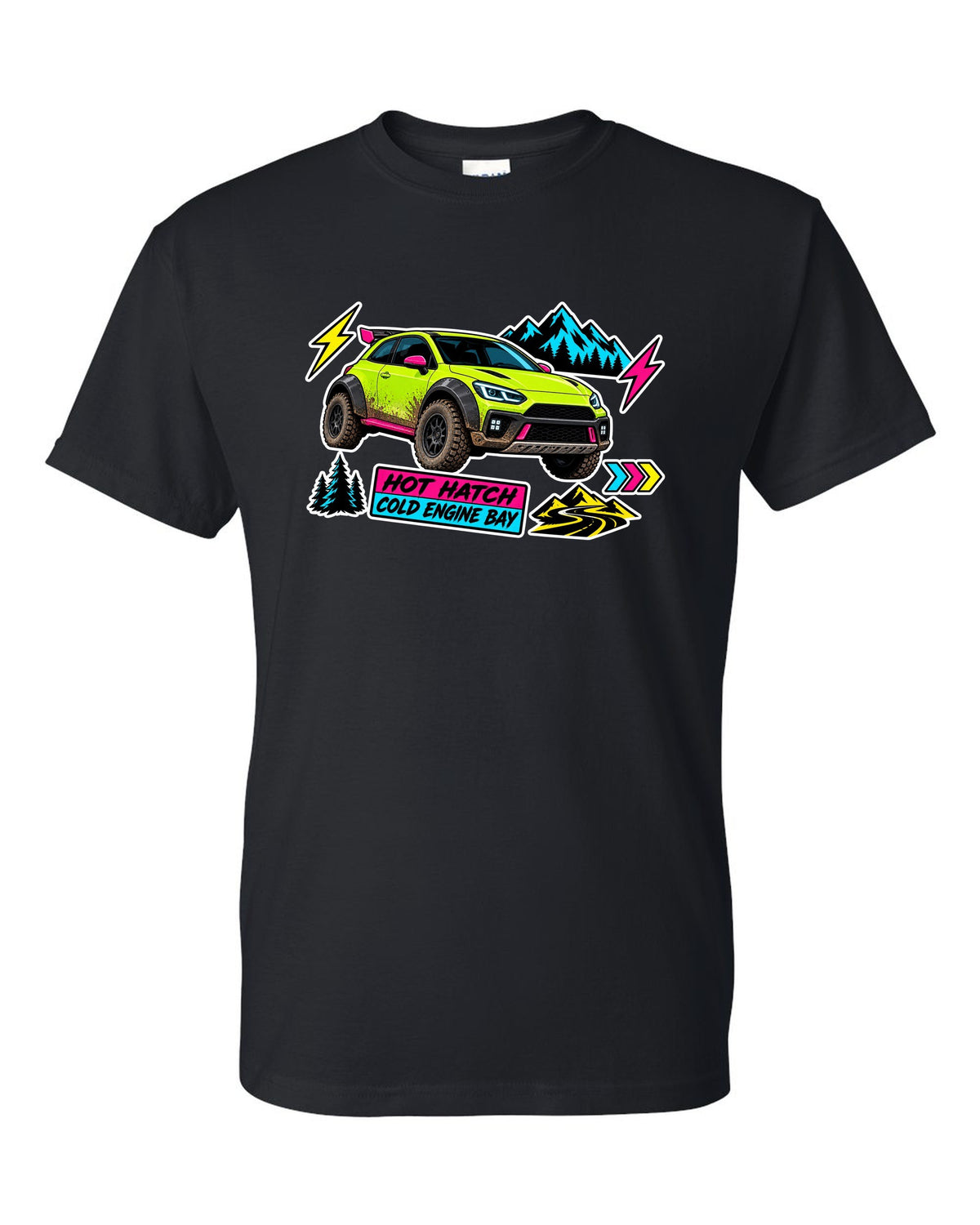 Rivian R3X die-cut slap sticker collage print with the text hot ch cold engine bay black t-shirt front view with the design