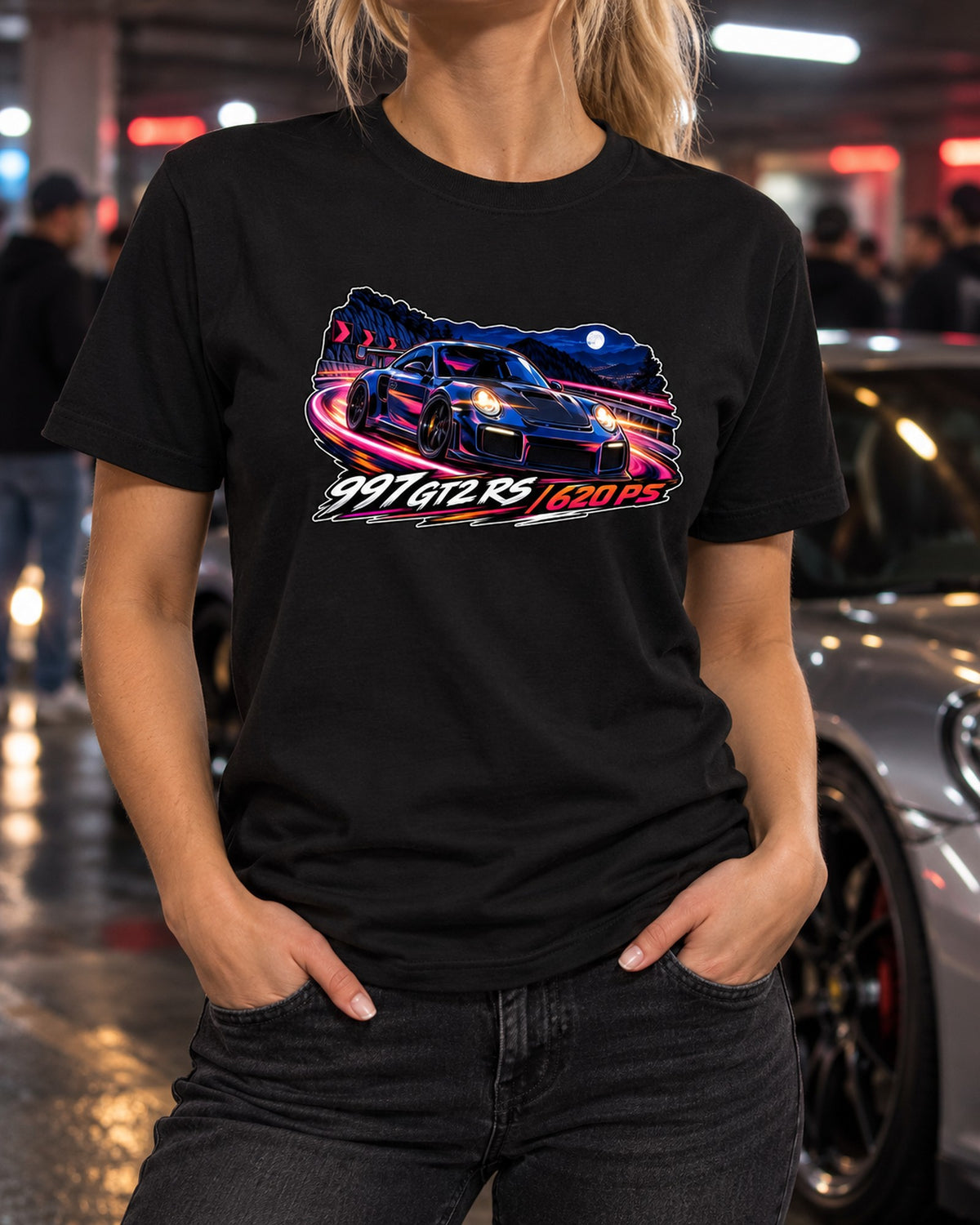 Porsche 997 GT2 RS Anime Touge Night Shirt, 620 PS T-Shirt Black worn hero