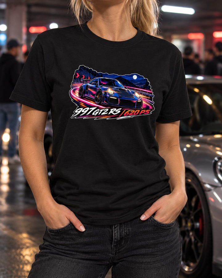 Porsche 997 GT2 RS Anime Touge Night Shirt, 620 PS T-Shirt Black worn hero
