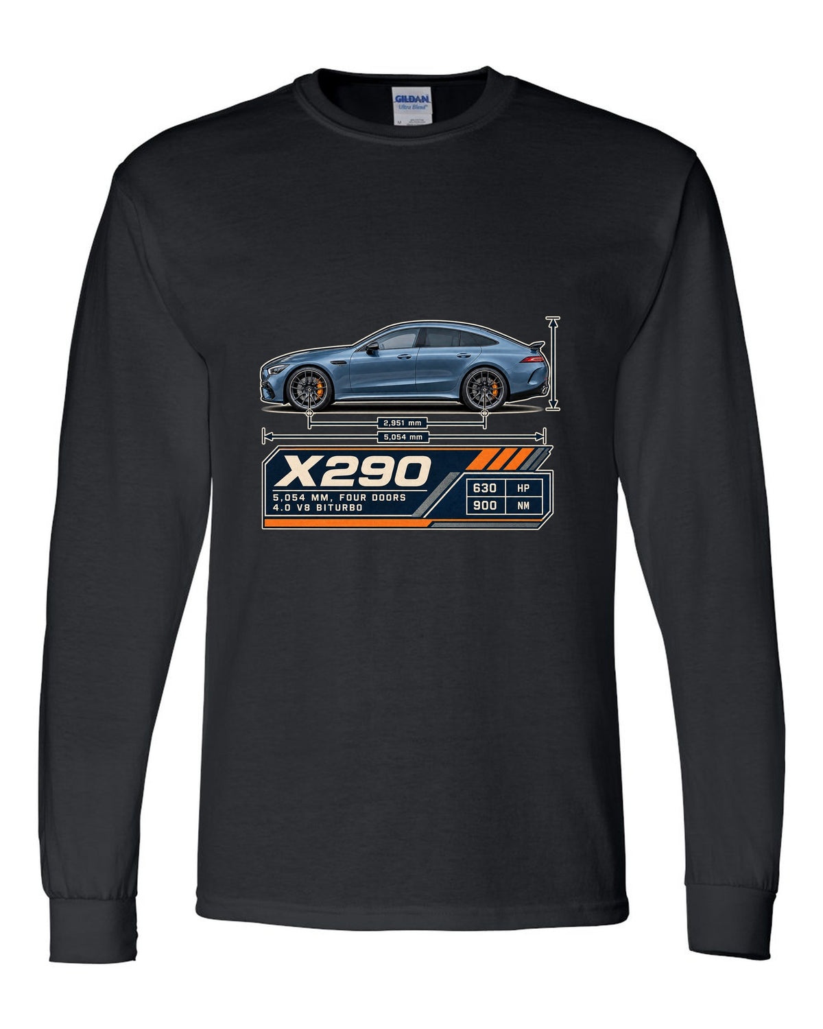 Mercedes-AMG GT 63 S 4-Door X290 steel blue blueprint print black long sleeve front view with the design