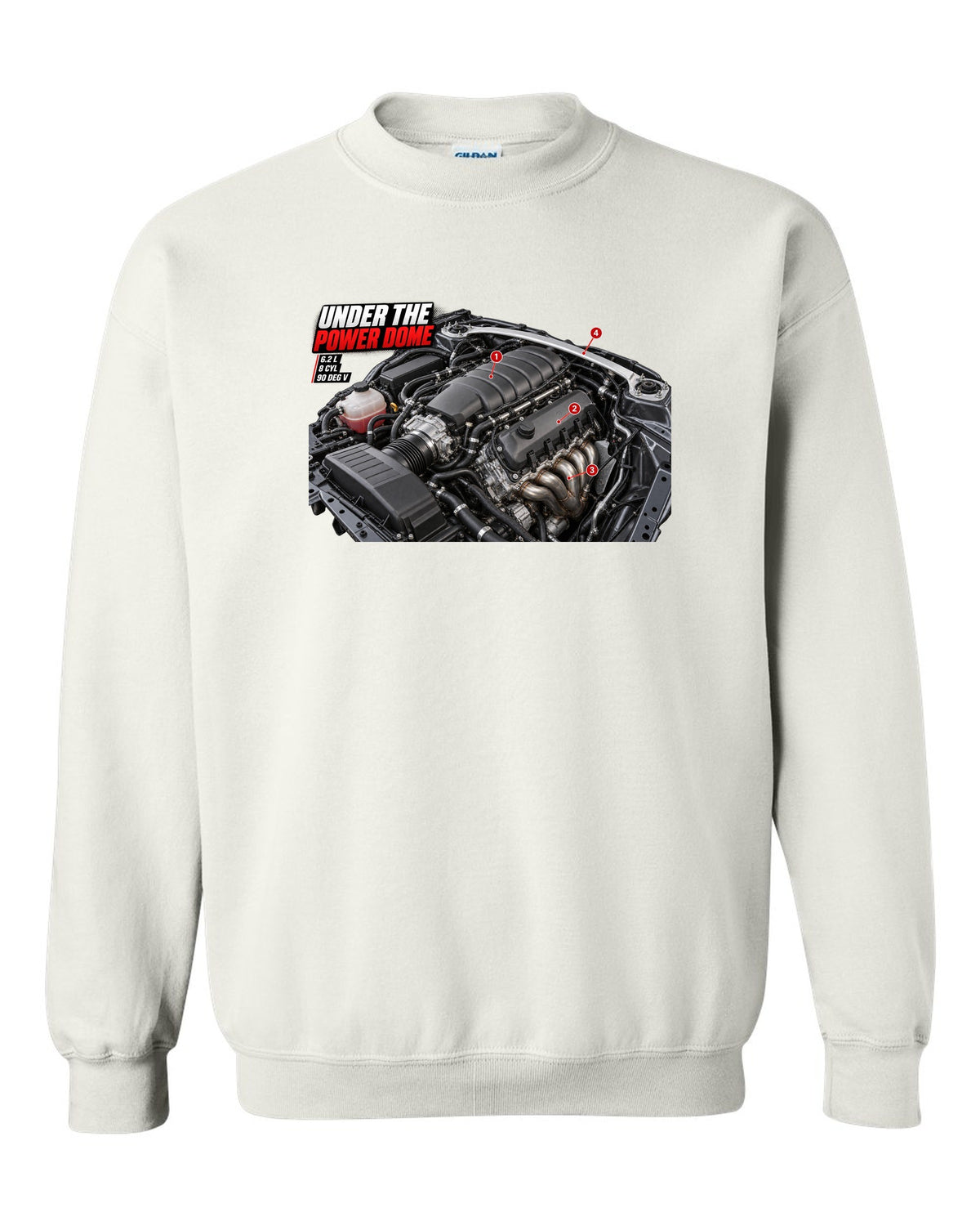 print of the Mercedes C63 AMG W204 M156 engine bay with the text Under The Power Dome white crewneck front view with the design