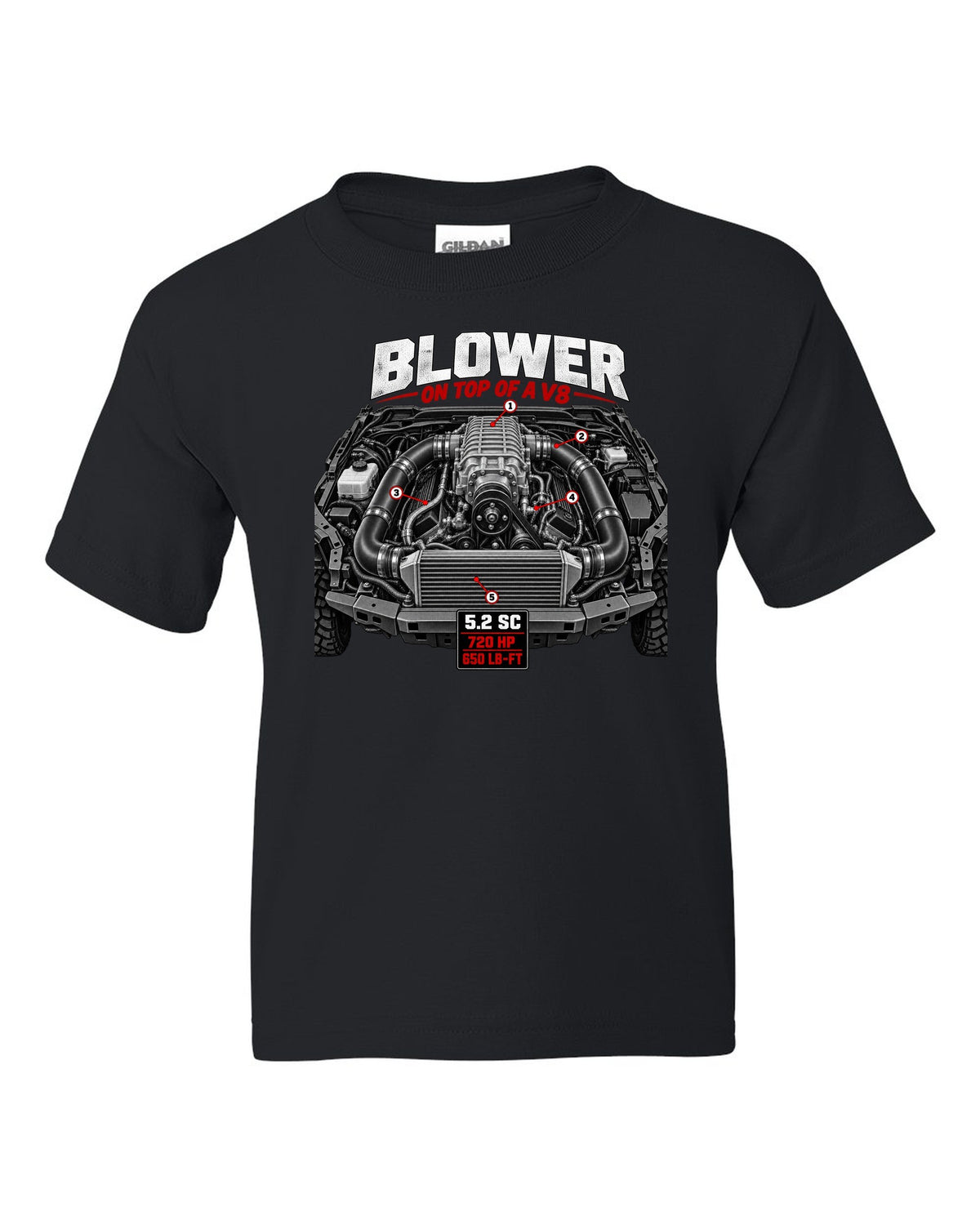 Ford F-150 Raptor R P702 engine hero print with 5.2 supercharged V8 and 720 HP black kids tee front view with the design