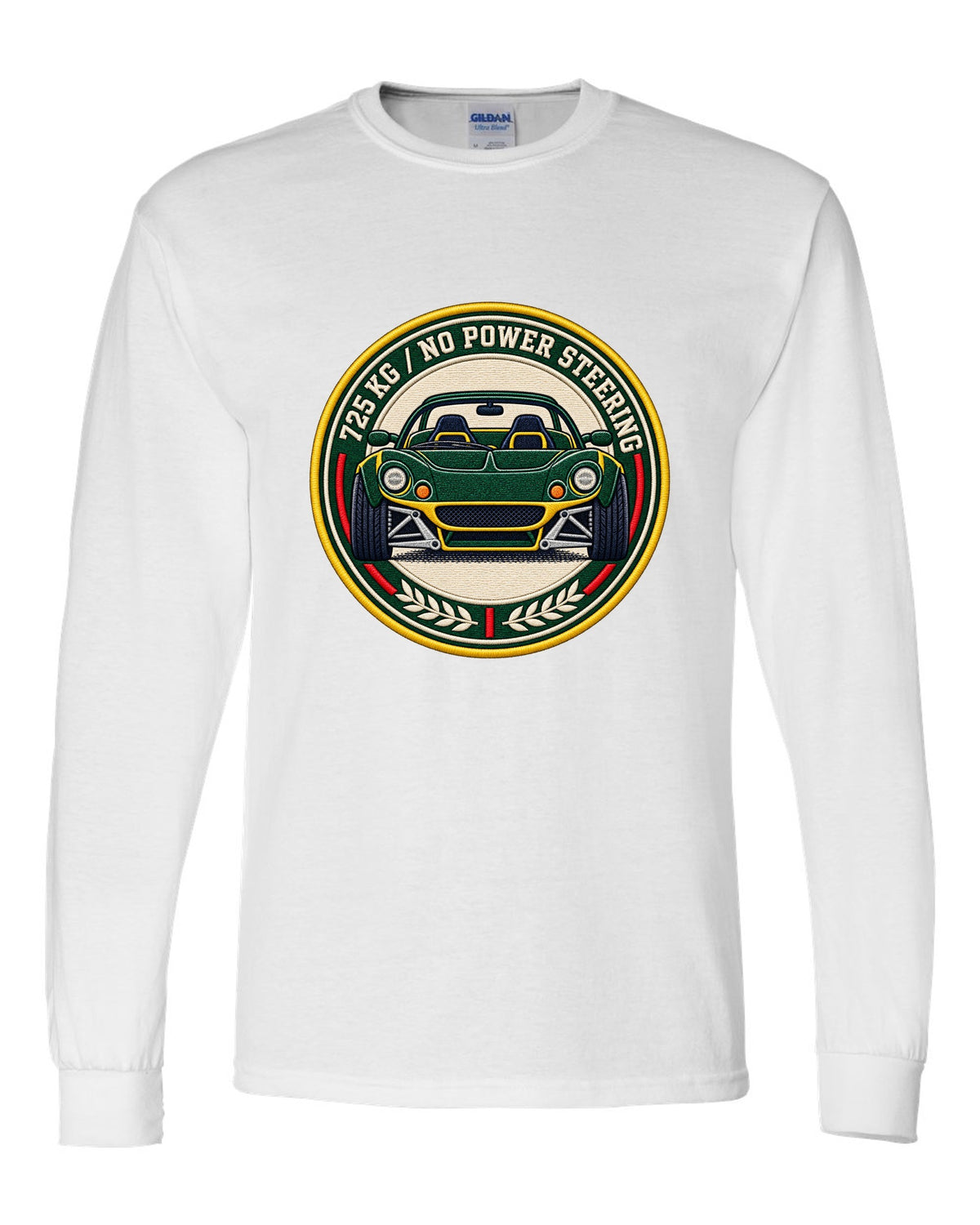 Lotus Elise S1 varsity crest design with 725 KG and no power steering lettering white long sleeve front view with the design
