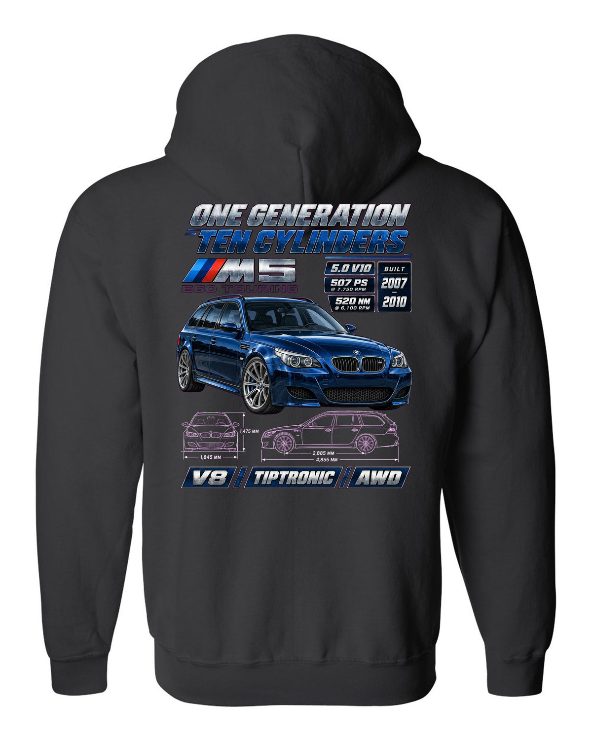 BMW M5 E60 V10 saloon spec poster print black zip hoodie back view with the design