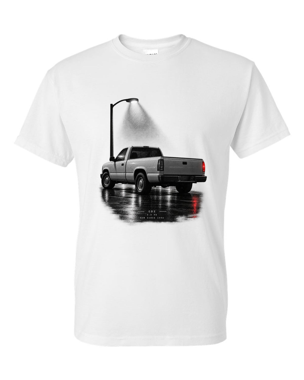 Night garage print of a 1992-97 Ford F-150 OBS truck with 5.0 V8 lettering white t-shirt front view with the design