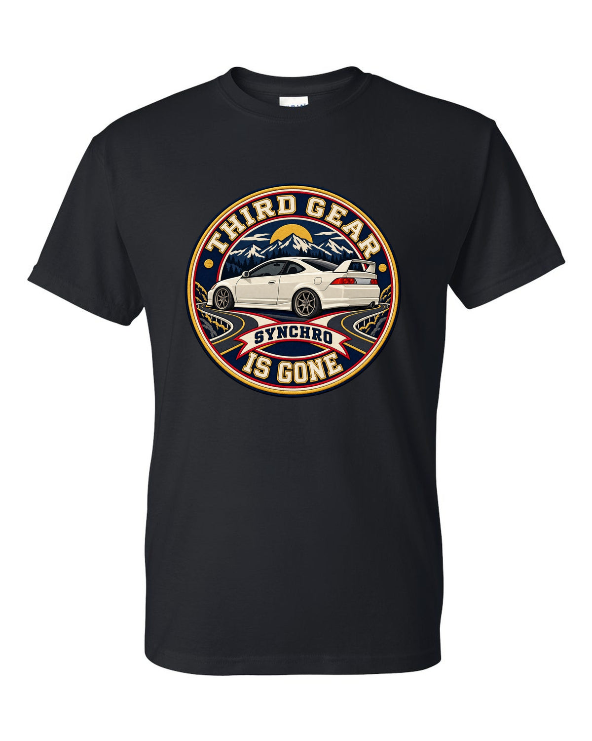 Embroidery patch style print of a 2002 Honda Integra DC5 ch with third gear synchro text black t-shirt front view with the design