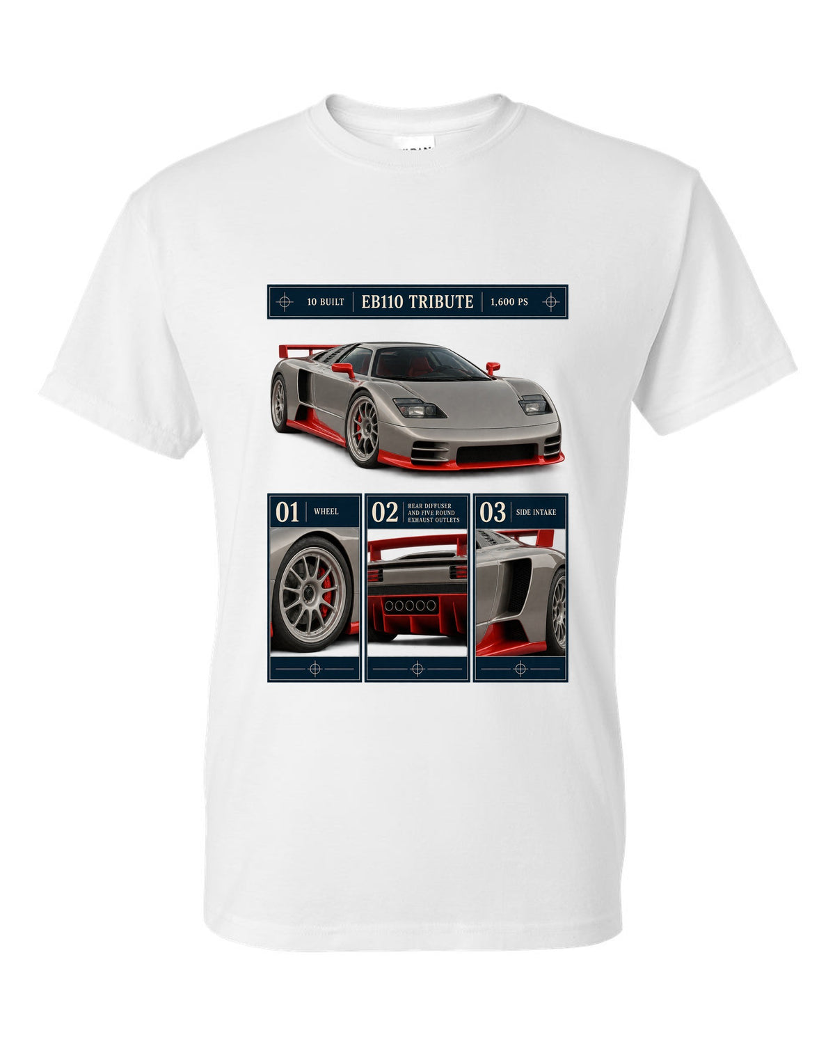 Bugatti Centodieci dossier panel print noting EB110 tribute and 10 built white t-shirt front view with the design