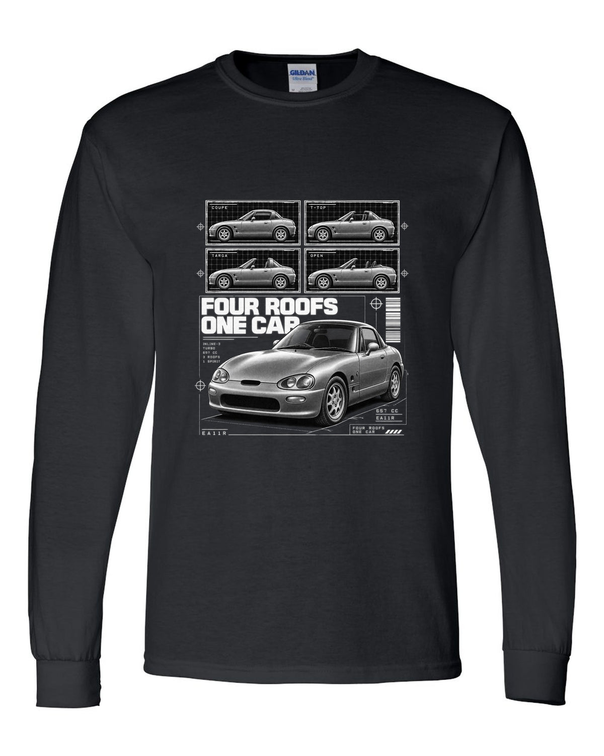 Dossier panel print of a Suzuki Cappuccino EA11R kei roadster black long sleeve front view with the design